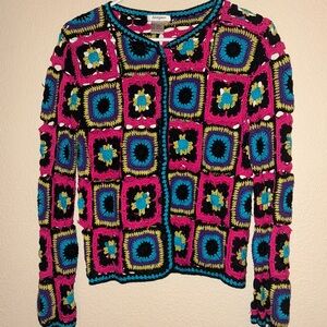 Multicolor Crochet Square Cardigan Sweater - Pink/Blue
